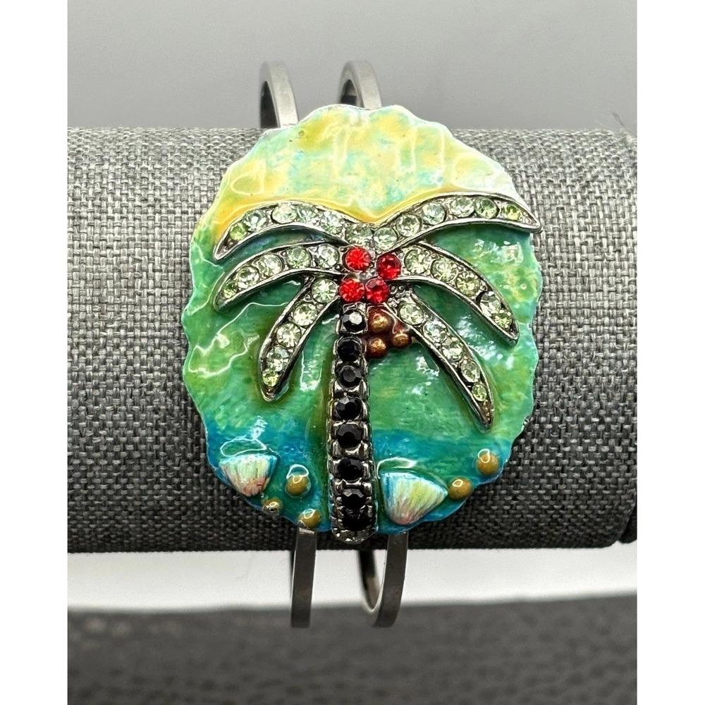 Vintage Tropical Palm Tree Clamper Bangle Enamel Rhinestone Beach Bracelet 7.5"